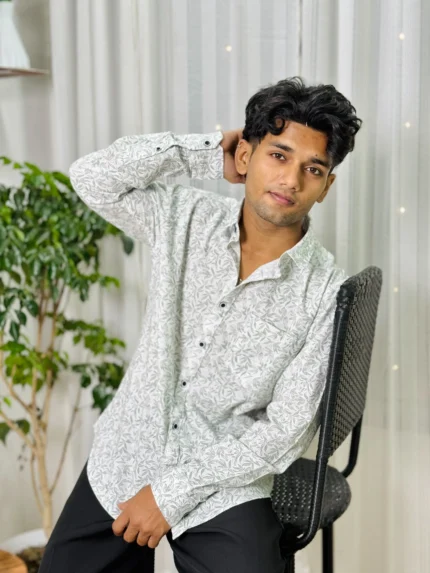 Men's Green Leaf Print Cotton Shirt