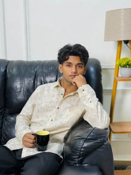 Men's Beige Leaf Print Cotton Shirt