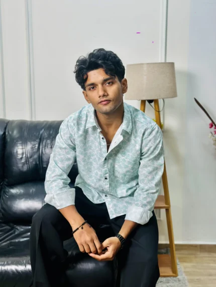 Men's Aqua Green Leaf Print Cotton Shirt